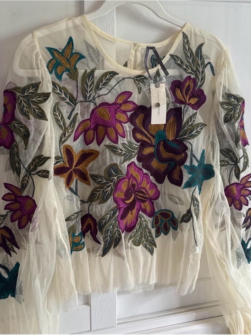 Anthropologie Cream Sheer Blouse with Purple & Teal Floral Embroidery